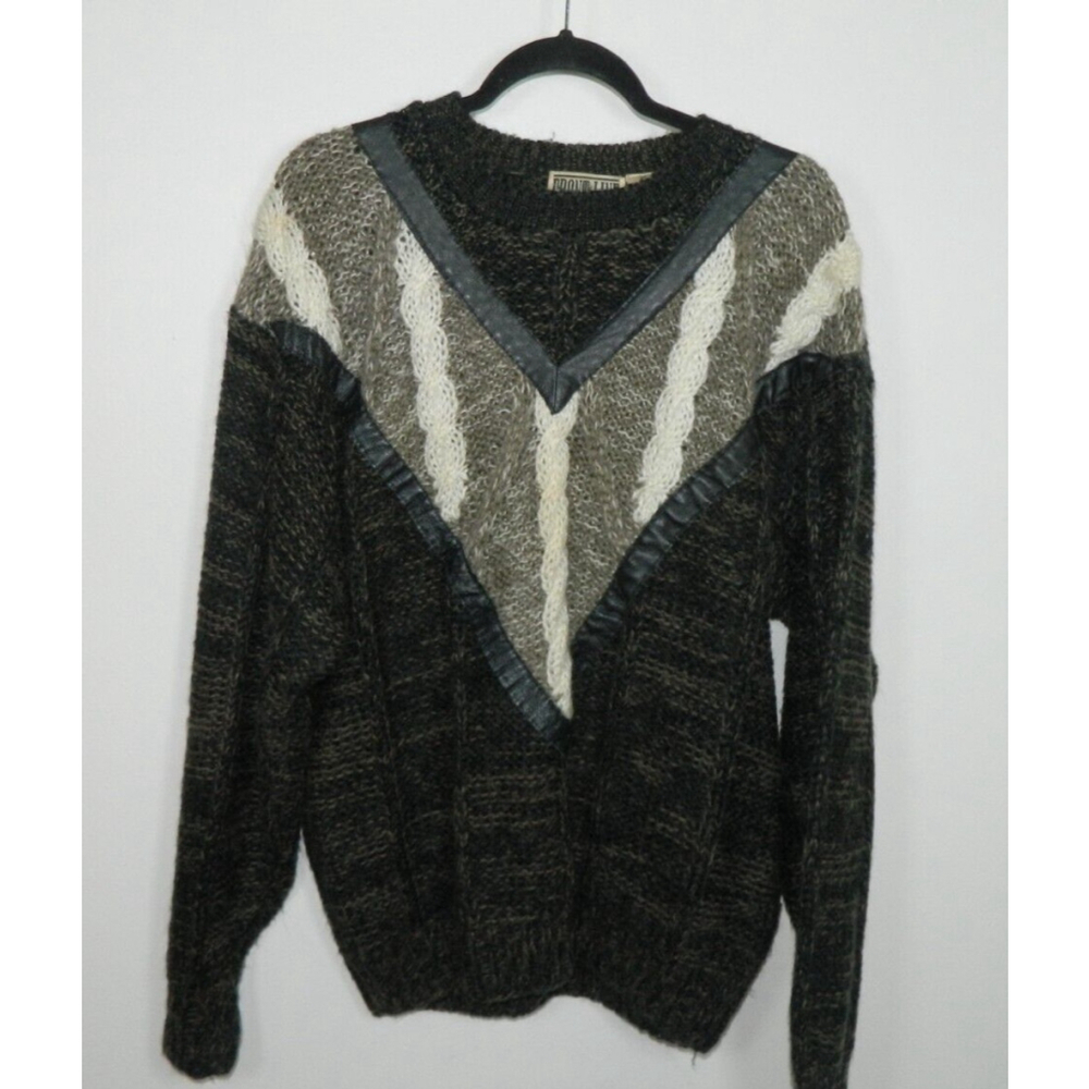 Vintage Front Line Sweater Medium Gray‎ Black Chunky Cable Knit Leather Trim 80s